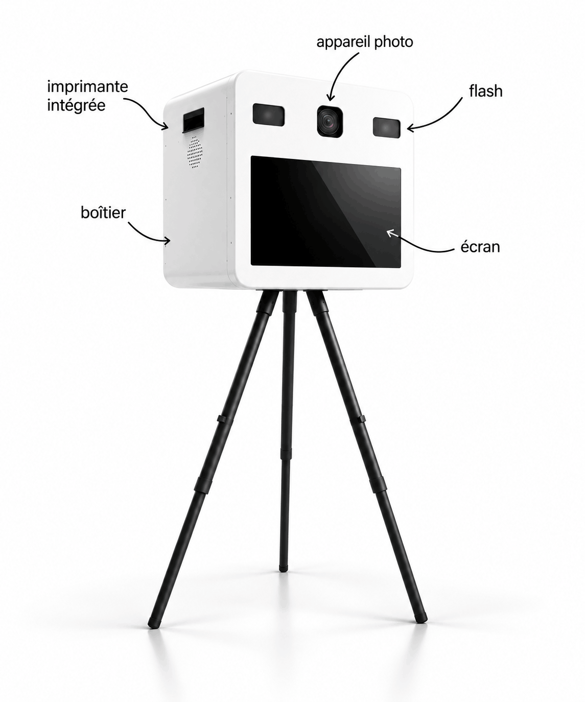 Borne photobooth blanche avec écran et imprimante pour vos photos à Pau